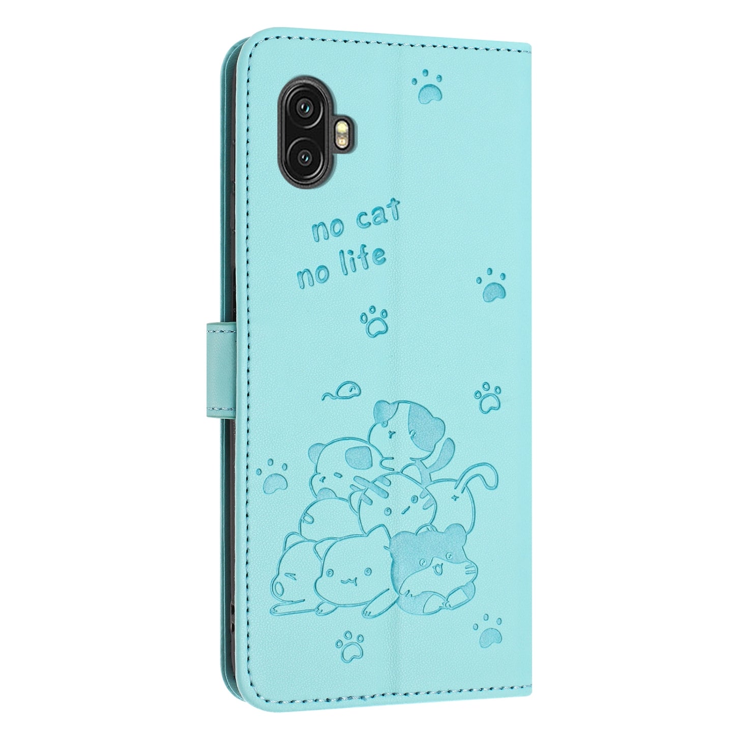 Samsung Galaxy XCover6 Pro Embossed Kitten PU Leather Wallet Case with Card Slots, Cash Pocket, Kickstand Function, Wrist Lanyard Strap, Full Protective TPU Flip Cover