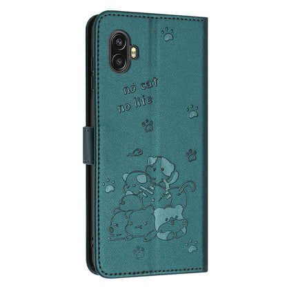 Samsung Galaxy XCover6 Pro Embossed Kitten PU Leather Wallet Case with Card Slots, Cash Pocket, Kickstand Function, Wrist Lanyard Strap, Full Protective TPU Flip Cover