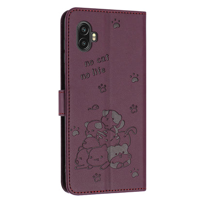 Samsung Galaxy XCover6 Pro Embossed Kitten PU Leather Wallet Case with Card Slots, Cash Pocket, Kickstand Function, Wrist Lanyard Strap, Full Protective TPU Flip Cover