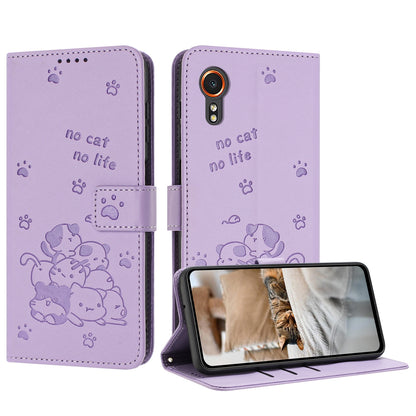 Samsung Galaxy XCover 7 Embossed Kitten PU Leather Wallet Case with Card Slots, Cash Pocket, Kickstand Function, Wrist Lanyard Strap, Full Protective TPU Flip Cover