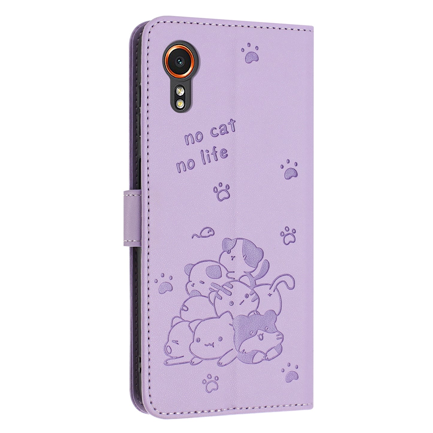 Samsung Galaxy XCover 7 Embossed Kitten PU Leather Wallet Case with Card Slots, Cash Pocket, Kickstand Function, Wrist Lanyard Strap, Full Protective TPU Flip Cover