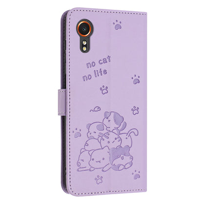 Samsung Galaxy XCover 7 Embossed Kitten PU Leather Wallet Case with Card Slots, Cash Pocket, Kickstand Function, Wrist Lanyard Strap, Full Protective TPU Flip Cover