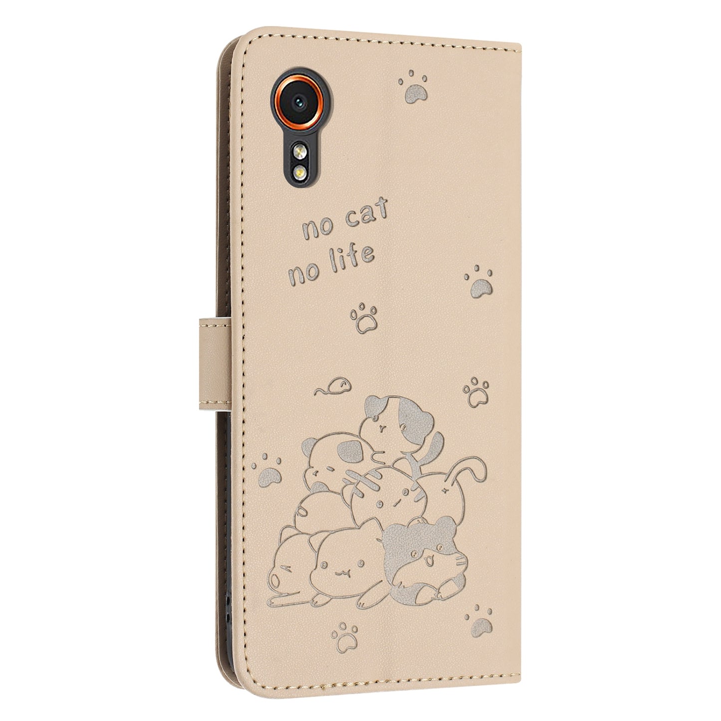 Samsung Galaxy XCover 7 Embossed Kitten PU Leather Wallet Case with Card Slots, Cash Pocket, Kickstand Function, Wrist Lanyard Strap, Full Protective TPU Flip Cover