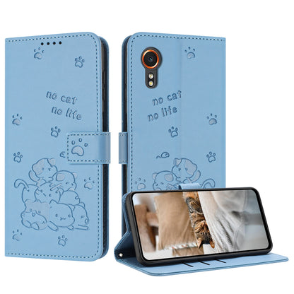 Samsung Galaxy XCover 7 Embossed Kitten PU Leather Wallet Case with Card Slots, Cash Pocket, Kickstand Function, Wrist Lanyard Strap, Full Protective TPU Flip Cover