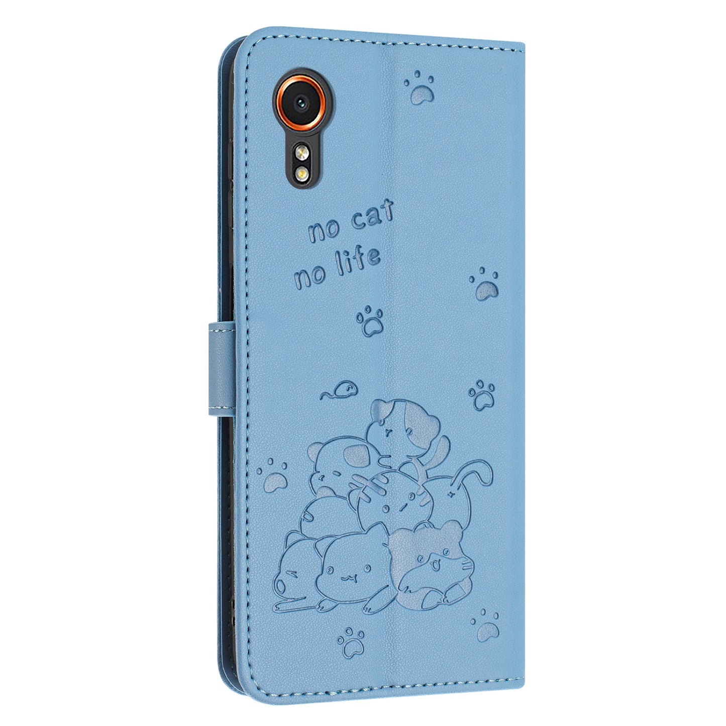 Samsung Galaxy XCover 7 Embossed Kitten PU Leather Wallet Case with Card Slots, Cash Pocket, Kickstand Function, Wrist Lanyard Strap, Full Protective TPU Flip Cover