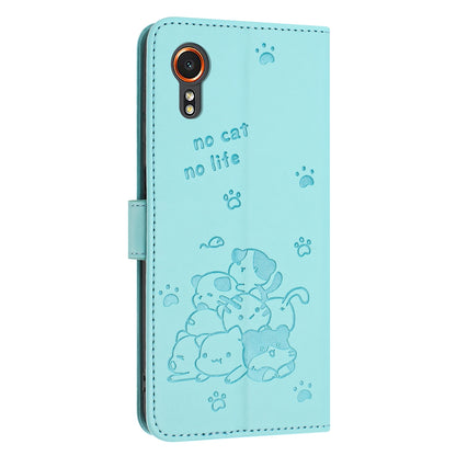 Samsung Galaxy XCover 7 Embossed Kitten PU Leather Wallet Case with Card Slots, Cash Pocket, Kickstand Function, Wrist Lanyard Strap, Full Protective TPU Flip Cover
