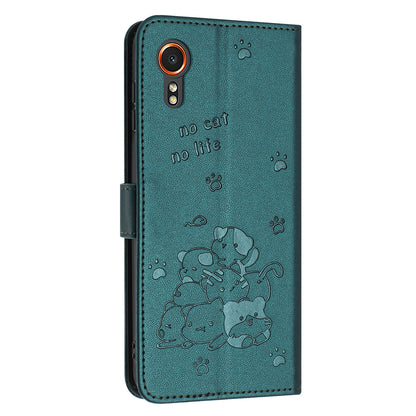Samsung Galaxy XCover 7 Embossed Kitten PU Leather Wallet Case with Card Slots, Cash Pocket, Kickstand Function, Wrist Lanyard Strap, Full Protective TPU Flip Cover