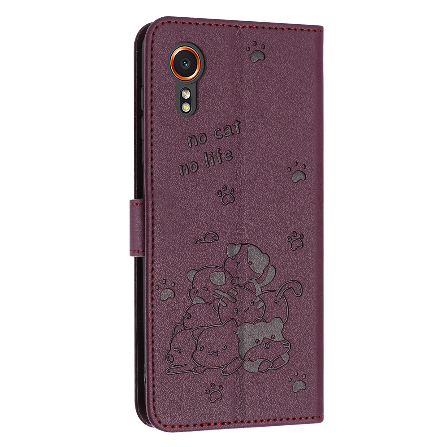 Samsung Galaxy XCover 7 Embossed Kitten PU Leather Wallet Case with Card Slots, Cash Pocket, Kickstand Function, Wrist Lanyard Strap, Full Protective TPU Flip Cover