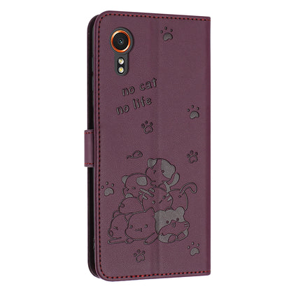 Samsung Galaxy XCover 7 Embossed Kitten PU Leather Wallet Case with Card Slots, Cash Pocket, Kickstand Function, Wrist Lanyard Strap, Full Protective TPU Flip Cover