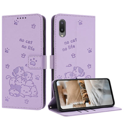 Samsung Galaxy M02 Embossed Kitten PU Leather Wallet Case with Card Slots, Cash Pocket, Kickstand Function, Wrist Lanyard Strap, Full Protective TPU Flip Cover