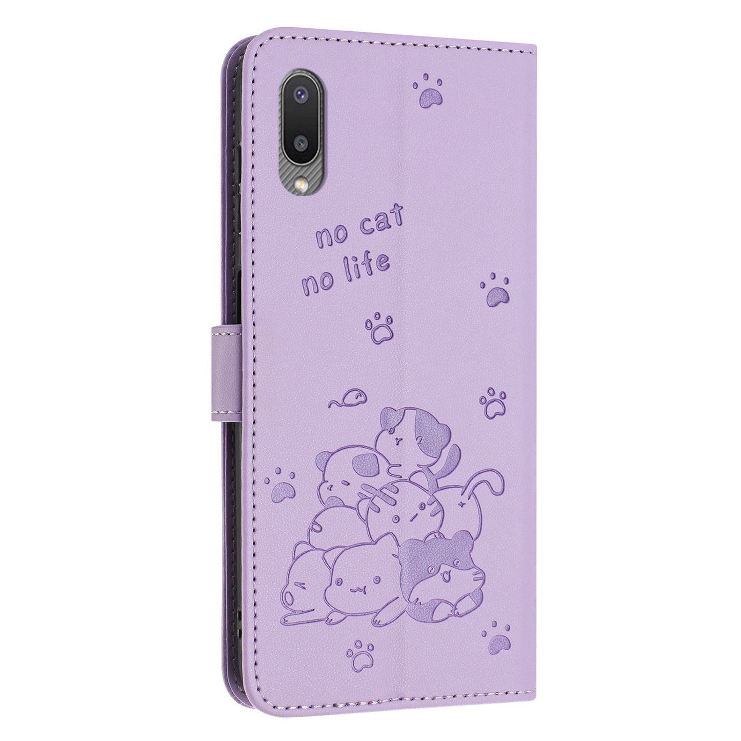 Samsung Galaxy A02 EU Embossed Kitten PU Leather Wallet Case with Card Slots, Cash Pocket, Kickstand Function, Wrist Lanyard Strap, Full Protective TPU Flip Cover