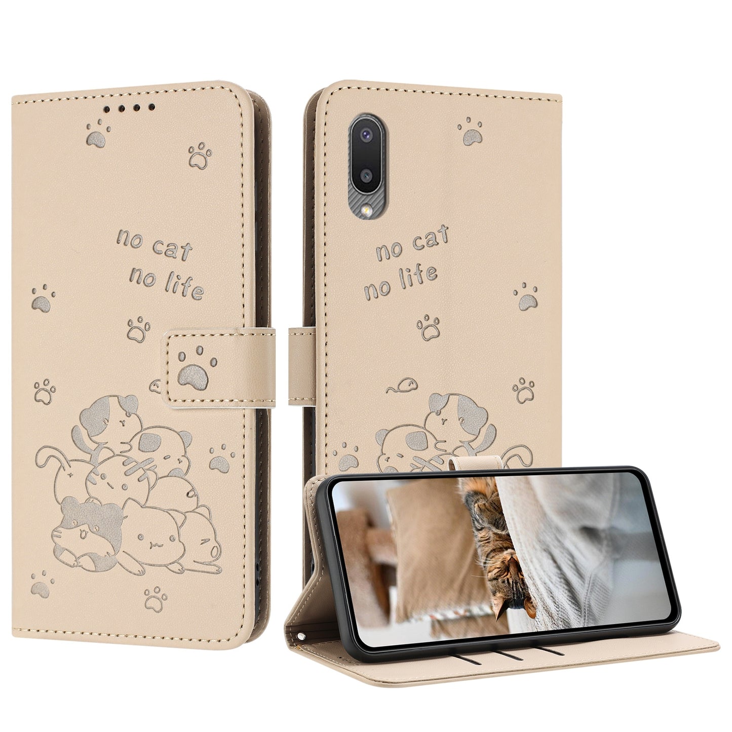 Samsung Galaxy A02 EU Embossed Kitten PU Leather Wallet Case with Card Slots, Cash Pocket, Kickstand Function, Wrist Lanyard Strap, Full Protective TPU Flip Cover
