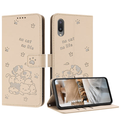 Samsung Galaxy A02 EU Embossed Kitten PU Leather Wallet Case with Card Slots, Cash Pocket, Kickstand Function, Wrist Lanyard Strap, Full Protective TPU Flip Cover
