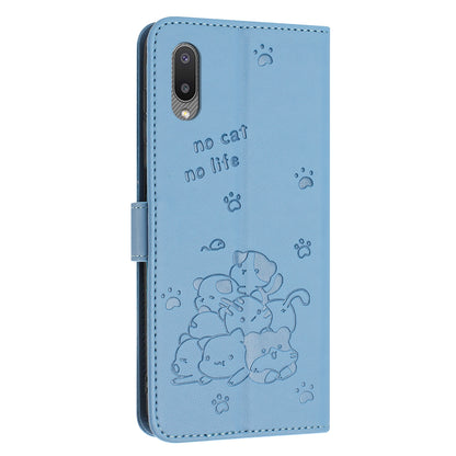 Samsung Galaxy M02 Embossed Kitten PU Leather Wallet Case with Card Slots, Cash Pocket, Kickstand Function, Wrist Lanyard Strap, Full Protective TPU Flip Cover