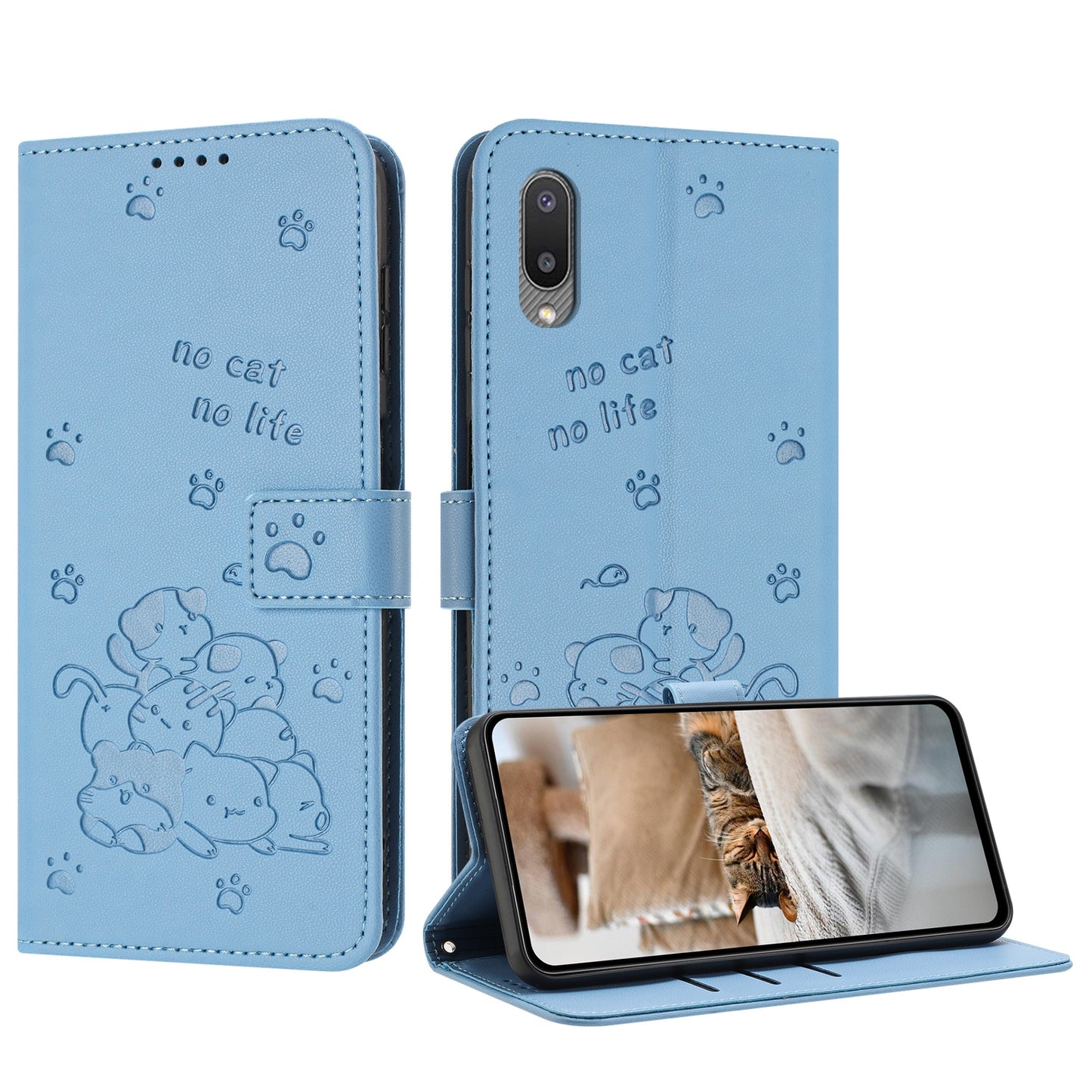 Samsung Galaxy M02 Embossed Kitten PU Leather Wallet Case with Card Slots, Cash Pocket, Kickstand Function, Wrist Lanyard Strap, Full Protective TPU Flip Cover