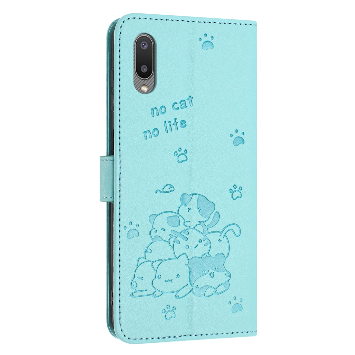 Samsung Galaxy A02 EU Embossed Kitten PU Leather Wallet Case with Card Slots, Cash Pocket, Kickstand Function, Wrist Lanyard Strap, Full Protective TPU Flip Cover