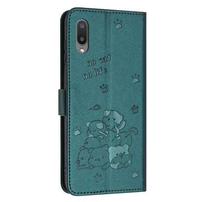 Samsung Galaxy A02 EU Embossed Kitten PU Leather Wallet Case with Card Slots, Cash Pocket, Kickstand Function, Wrist Lanyard Strap, Full Protective TPU Flip Cover