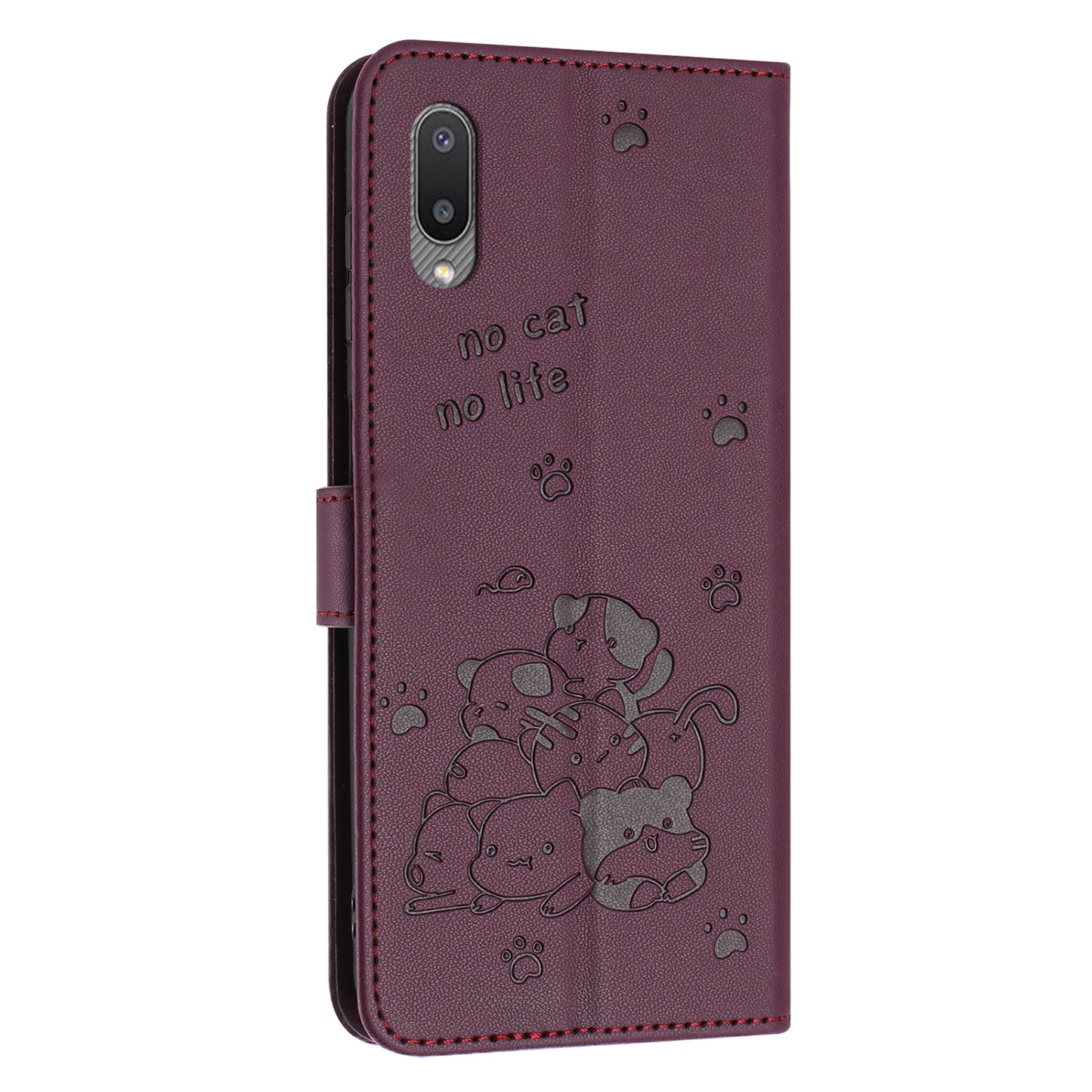 Samsung Galaxy M02 Embossed Kitten PU Leather Wallet Case with Card Slots, Cash Pocket, Kickstand Function, Wrist Lanyard Strap, Full Protective TPU Flip Cover