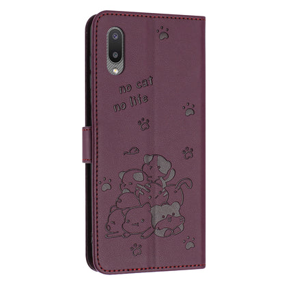 Samsung Galaxy M02 Embossed Kitten PU Leather Wallet Case with Card Slots, Cash Pocket, Kickstand Function, Wrist Lanyard Strap, Full Protective TPU Flip Cover