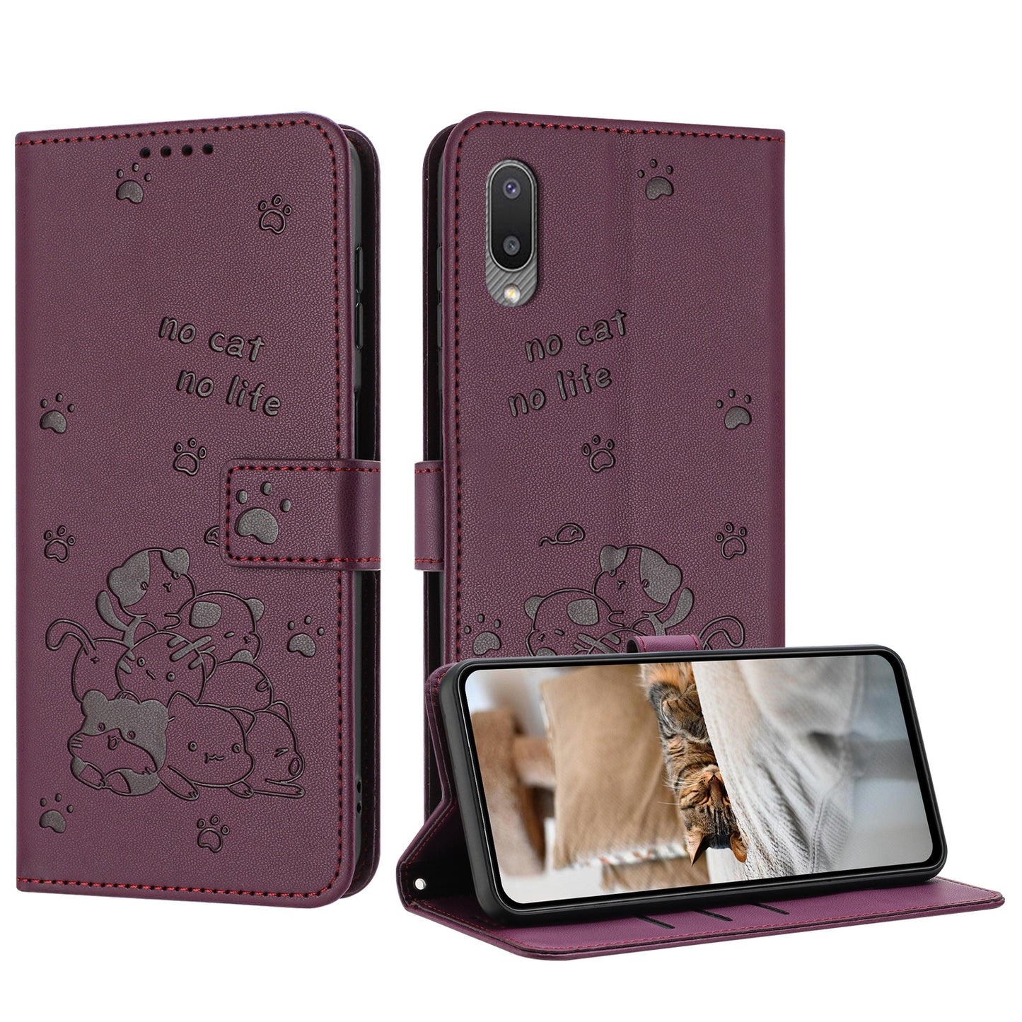 Samsung Galaxy M02 Embossed Kitten PU Leather Wallet Case with Card Slots, Cash Pocket, Kickstand Function, Wrist Lanyard Strap, Full Protective TPU Flip Cover