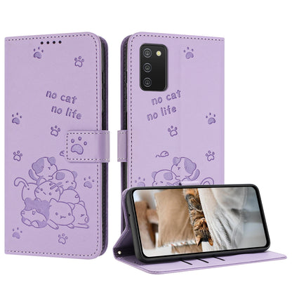 Samsung Galaxy A02s 166mm Embossed Kitten PU Leather Wallet Case with Card Slots, Cash Pocket, Kickstand Function, Wrist Lanyard Strap, Full Protective TPU Flip Cover