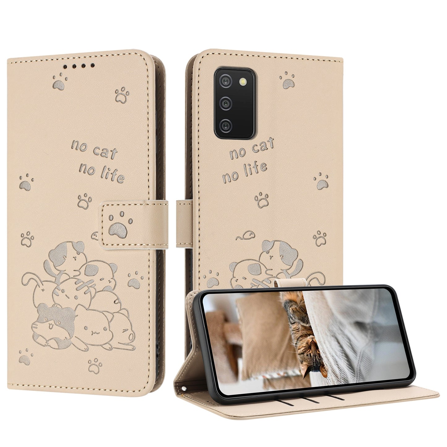 Samsung Galaxy A02s 166mm Embossed Kitten PU Leather Wallet Case with Card Slots, Cash Pocket, Kickstand Function, Wrist Lanyard Strap, Full Protective TPU Flip Cover
