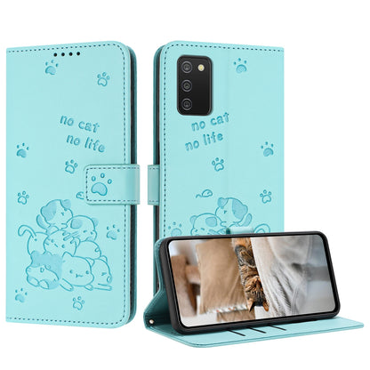 Samsung Galaxy A02s 166mm Embossed Kitten PU Leather Wallet Case with Card Slots, Cash Pocket, Kickstand Function, Wrist Lanyard Strap, Full Protective TPU Flip Cover