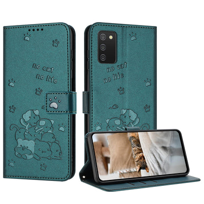 Samsung Galaxy A02s 166mm Embossed Kitten PU Leather Wallet Case with Card Slots, Cash Pocket, Kickstand Function, Wrist Lanyard Strap, Full Protective TPU Flip Cover