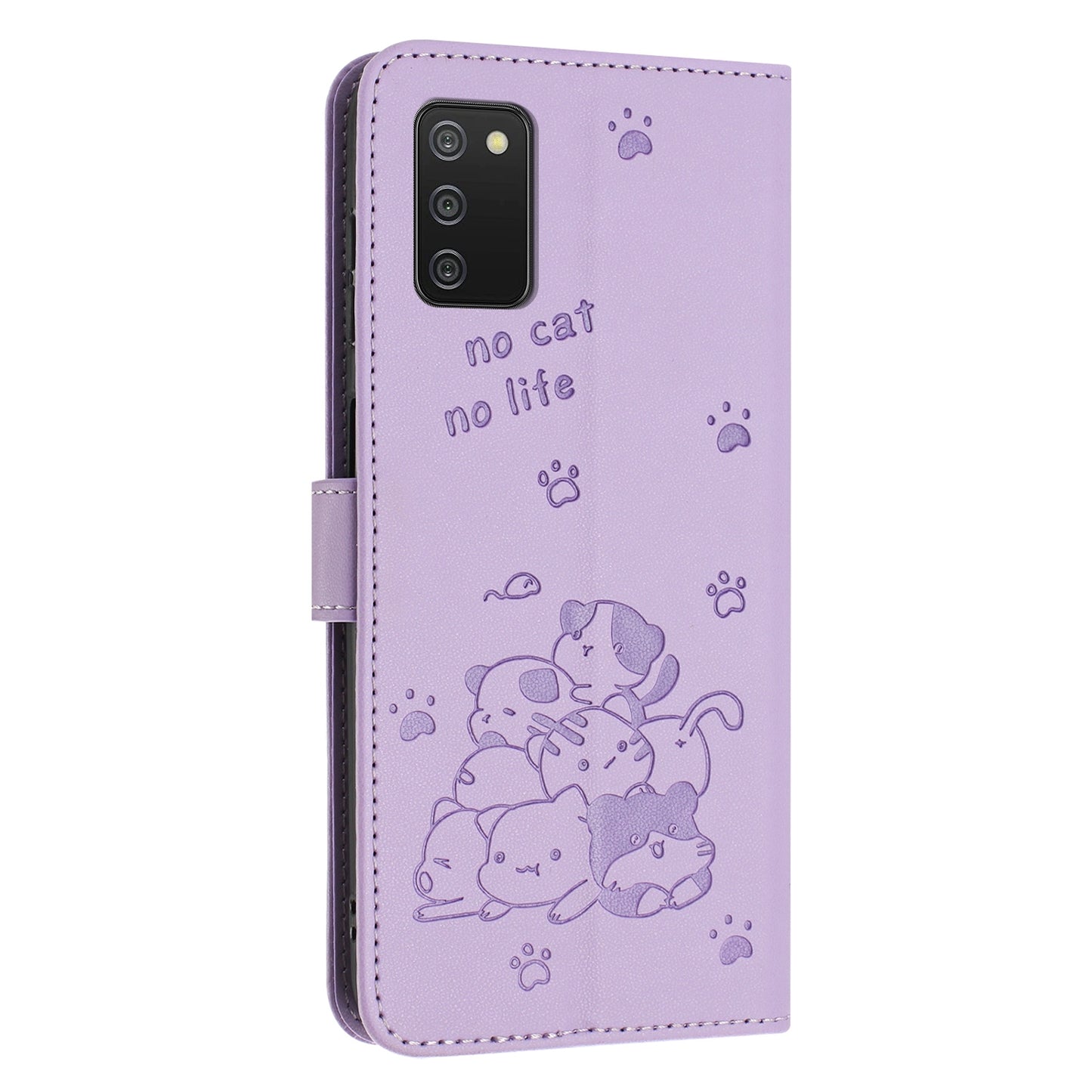 Samsung Galaxy A02s 164mm Embossed Kitten PU Leather Wallet Case with Card Slots, Cash Pocket, Kickstand Function, Wrist Lanyard Strap, Full Protective TPU Flip Cover
