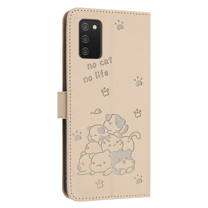 Samsung Galaxy A02s 164mm Embossed Kitten PU Leather Wallet Case with Card Slots, Cash Pocket, Kickstand Function, Wrist Lanyard Strap, Full Protective TPU Flip Cover