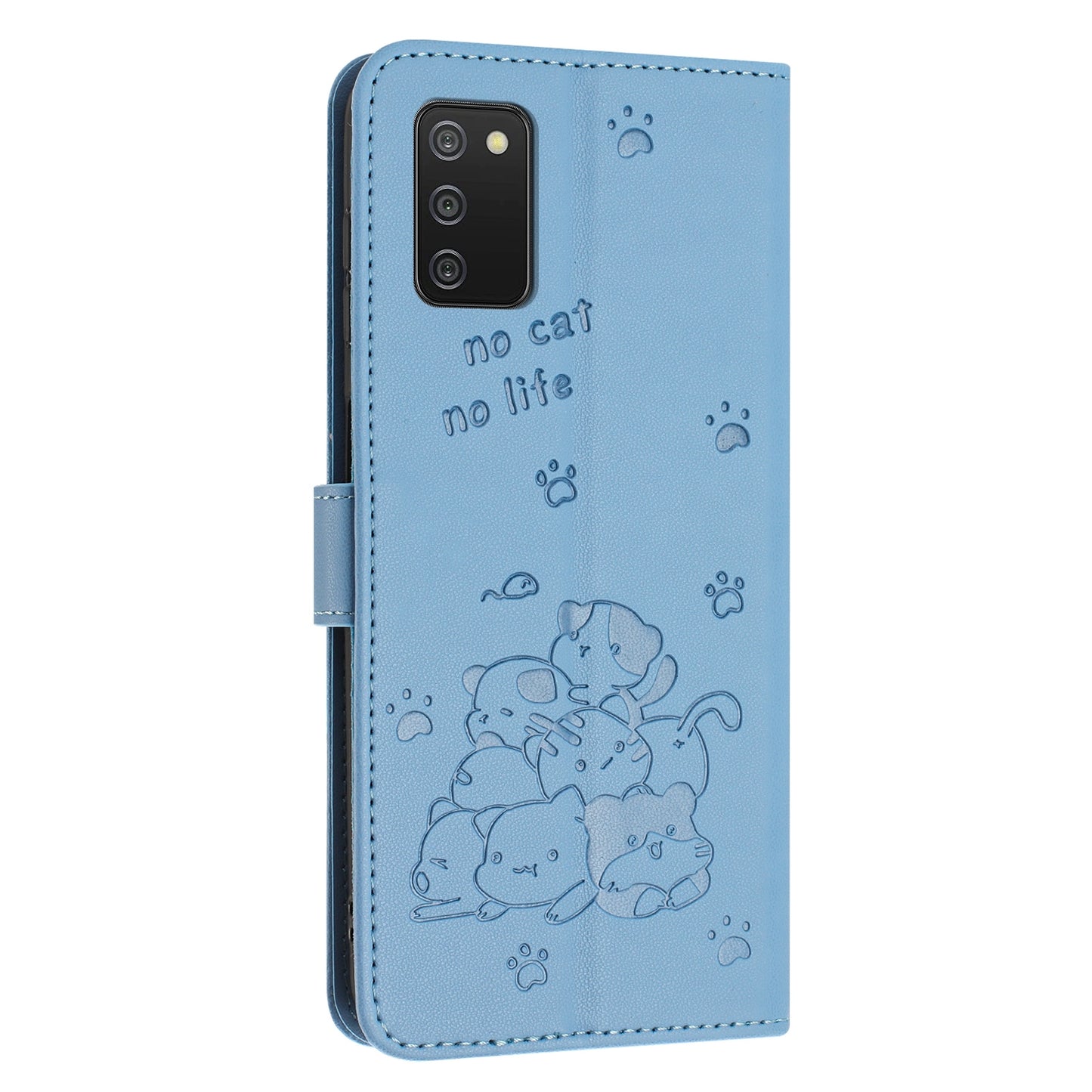 Samsung Galaxy A02s 164mm Embossed Kitten PU Leather Wallet Case with Card Slots, Cash Pocket, Kickstand Function, Wrist Lanyard Strap, Full Protective TPU Flip Cover