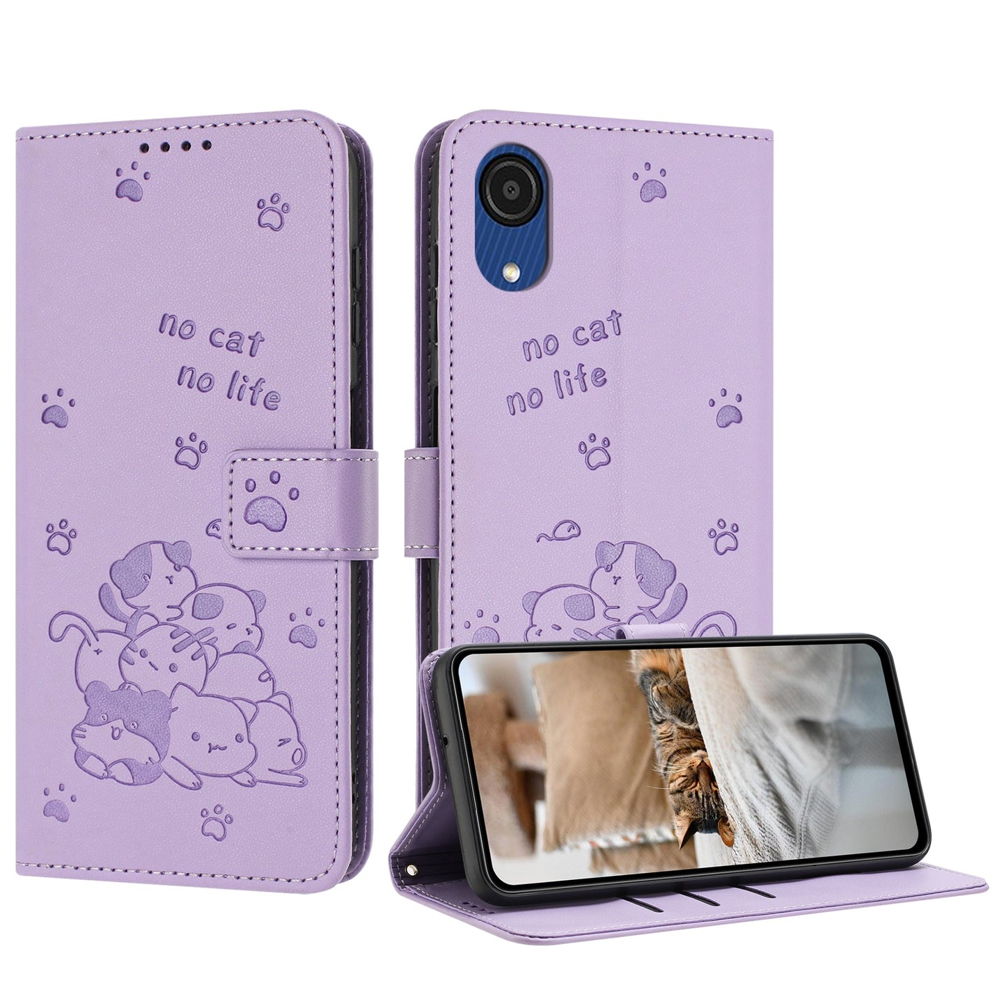 Samsung Galaxy A03 Core Embossed Kitten PU Leather Wallet Case with Card Slots, Cash Pocket, Kickstand Function, Wrist Lanyard Strap, Full Protective TPU Flip Cover