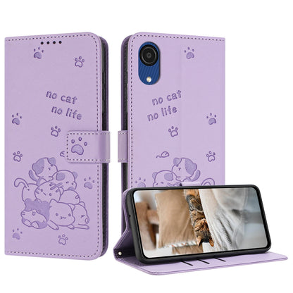 Samsung Galaxy A03 Core Embossed Kitten PU Leather Wallet Case with Card Slots, Cash Pocket, Kickstand Function, Wrist Lanyard Strap, Full Protective TPU Flip Cover
