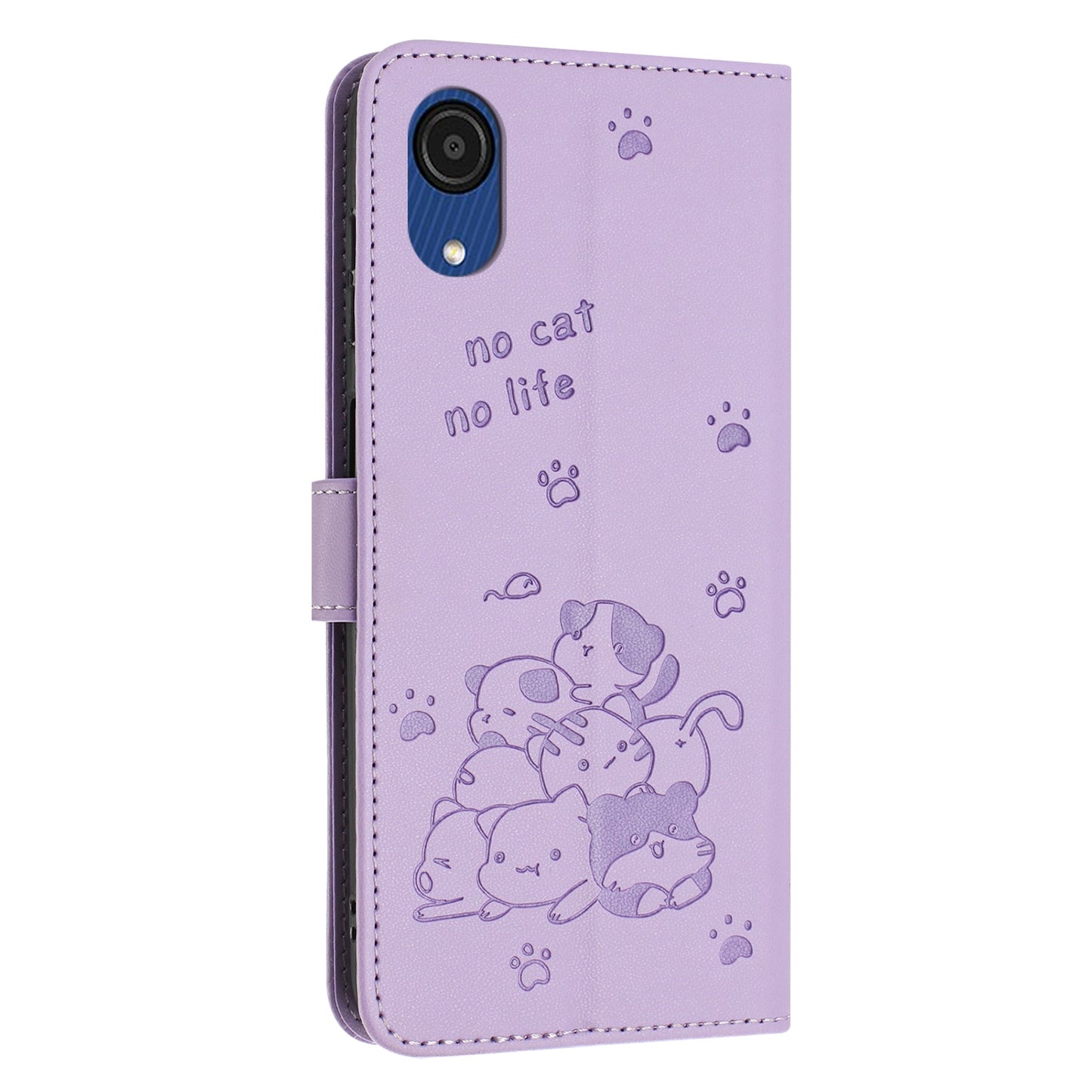 Samsung Galaxy A03 Core Embossed Kitten PU Leather Wallet Case with Card Slots, Cash Pocket, Kickstand Function, Wrist Lanyard Strap, Full Protective TPU Flip Cover