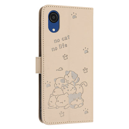 Samsung Galaxy A03 Core Embossed Kitten PU Leather Wallet Case with Card Slots, Cash Pocket, Kickstand Function, Wrist Lanyard Strap, Full Protective TPU Flip Cover