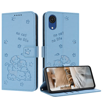 Samsung Galaxy A03 Core Embossed Kitten PU Leather Wallet Case with Card Slots, Cash Pocket, Kickstand Function, Wrist Lanyard Strap, Full Protective TPU Flip Cover