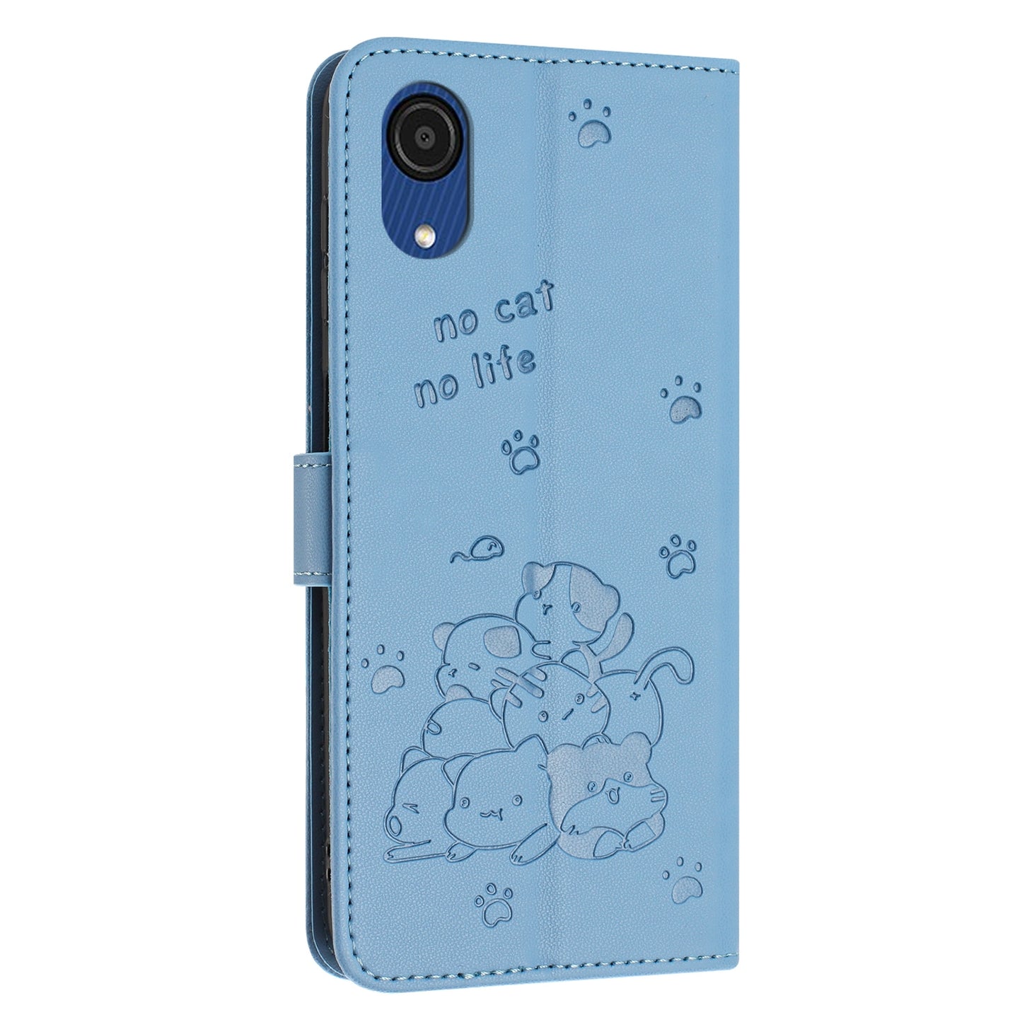 Samsung Galaxy A03 Core Embossed Kitten PU Leather Wallet Case with Card Slots, Cash Pocket, Kickstand Function, Wrist Lanyard Strap, Full Protective TPU Flip Cover