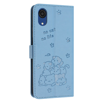 Samsung Galaxy A03 Core Embossed Kitten PU Leather Wallet Case with Card Slots, Cash Pocket, Kickstand Function, Wrist Lanyard Strap, Full Protective TPU Flip Cover