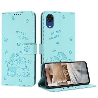 Samsung Galaxy A03 Core Embossed Kitten PU Leather Wallet Case with Card Slots, Cash Pocket, Kickstand Function, Wrist Lanyard Strap, Full Protective TPU Flip Cover