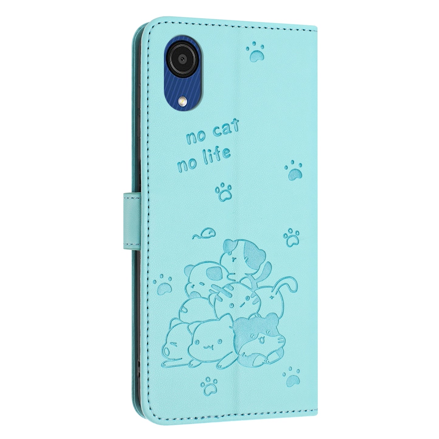 Samsung Galaxy A03 Core Embossed Kitten PU Leather Wallet Case with Card Slots, Cash Pocket, Kickstand Function, Wrist Lanyard Strap, Full Protective TPU Flip Cover