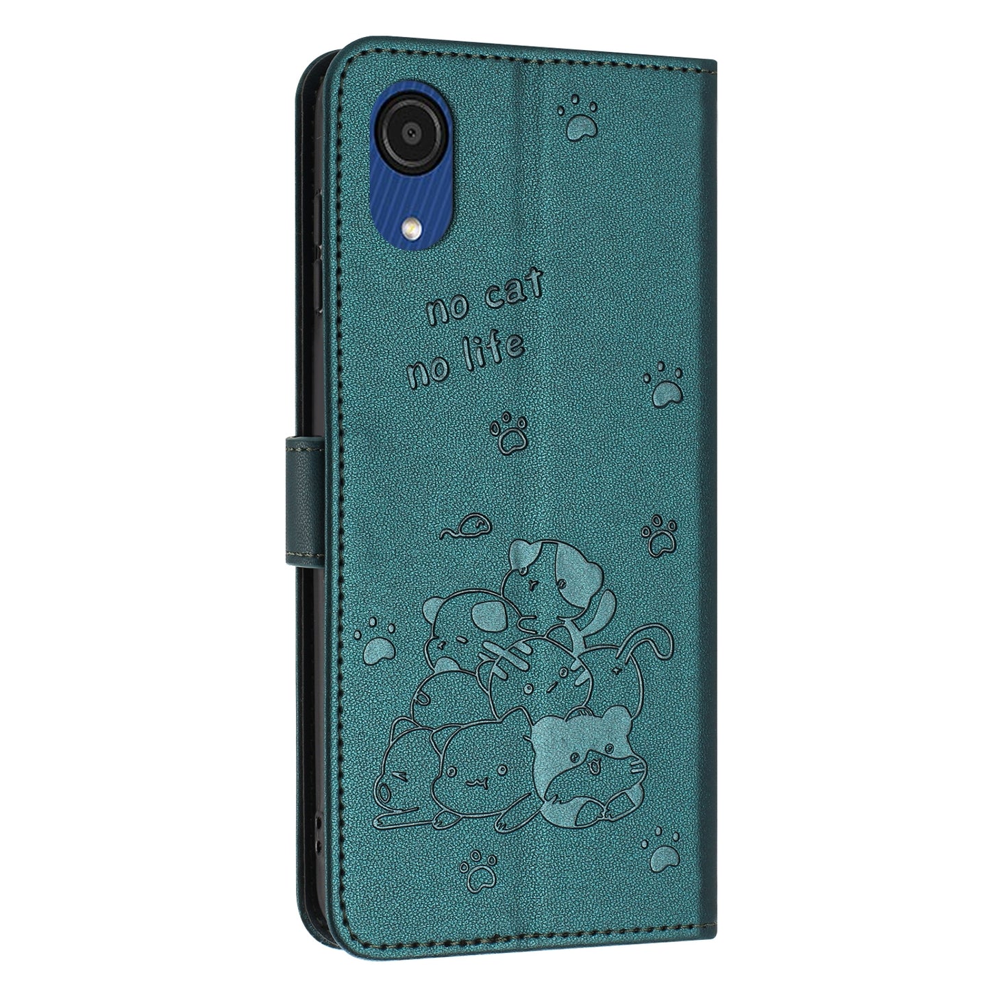 Samsung Galaxy A03 Core Embossed Kitten PU Leather Wallet Case with Card Slots, Cash Pocket, Kickstand Function, Wrist Lanyard Strap, Full Protective TPU Flip Cover