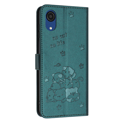 Samsung Galaxy A03 Core Embossed Kitten PU Leather Wallet Case with Card Slots, Cash Pocket, Kickstand Function, Wrist Lanyard Strap, Full Protective TPU Flip Cover