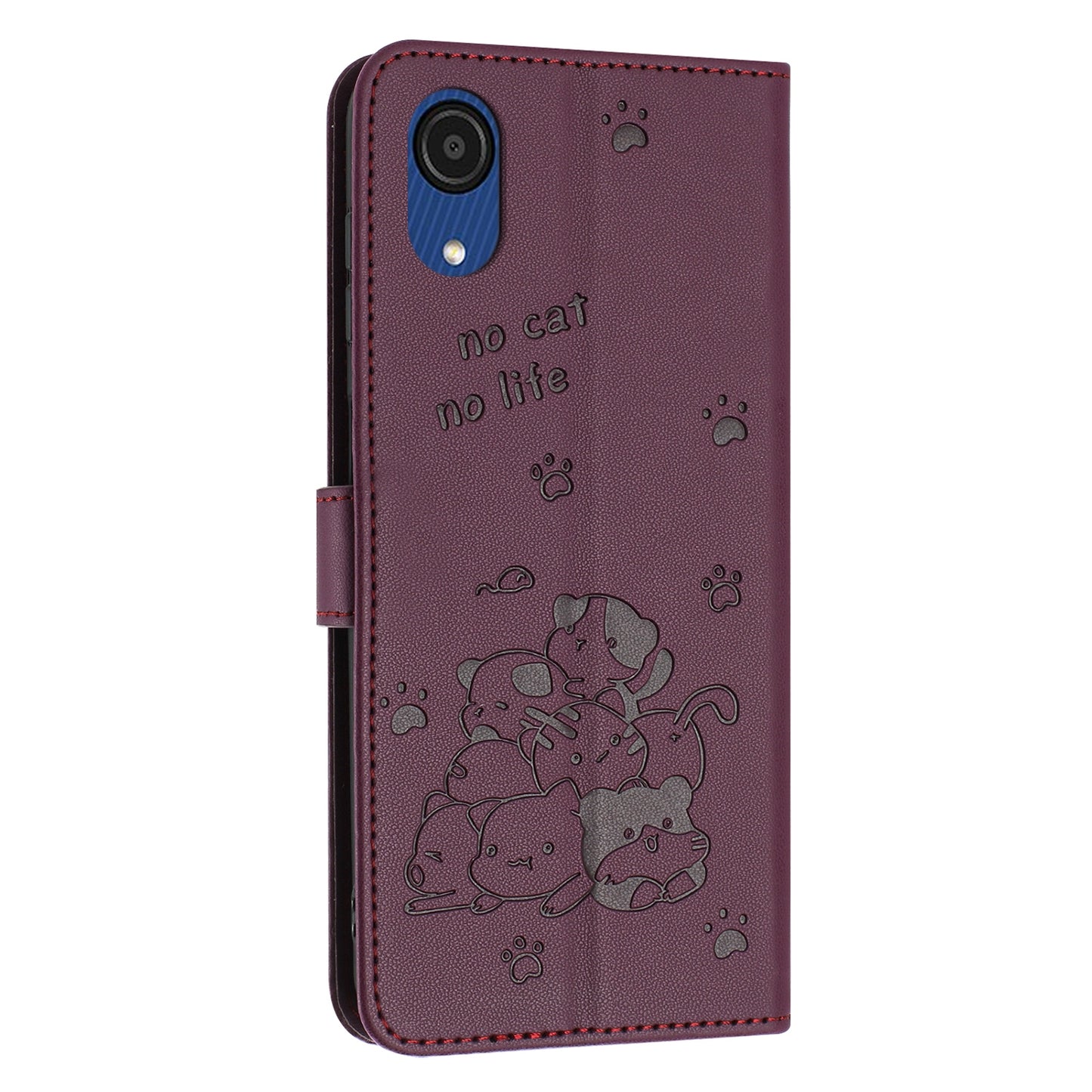Samsung Galaxy A03 Core Embossed Kitten PU Leather Wallet Case with Card Slots, Cash Pocket, Kickstand Function, Wrist Lanyard Strap, Full Protective TPU Flip Cover