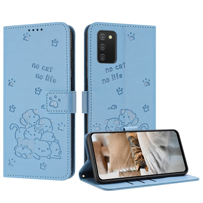 Samsung Galaxy A03s 164mm Embossed Kitten PU Leather Wallet Case with Card Slots, Cash Pocket, Kickstand Function, Wrist Lanyard Strap, Full Protective TPU Flip Cover