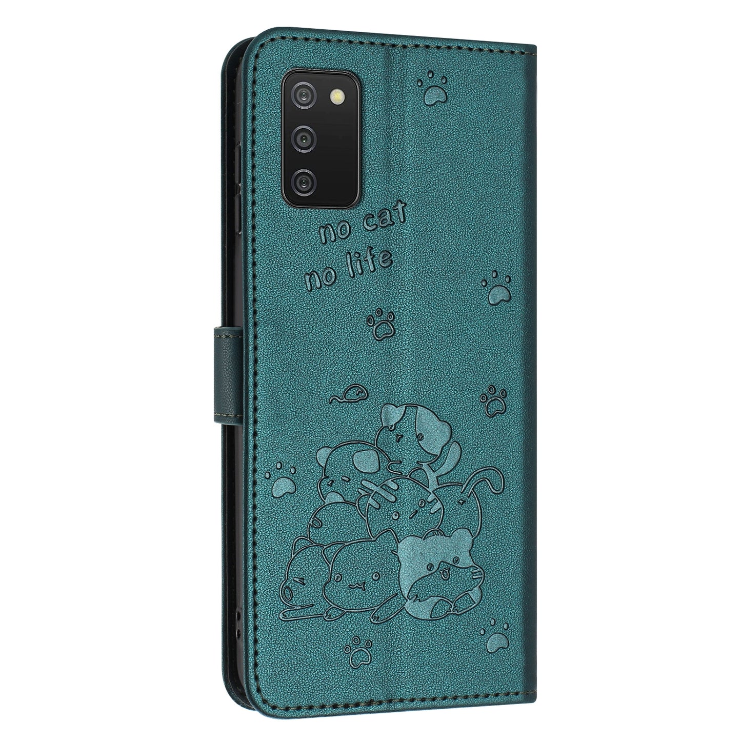 Samsung Galaxy A03s 166mm Embossed Kitten PU Leather Wallet Case with Card Slots, Cash Pocket, Kickstand Function, Wrist Lanyard Strap, Full Protective TPU Flip Cover