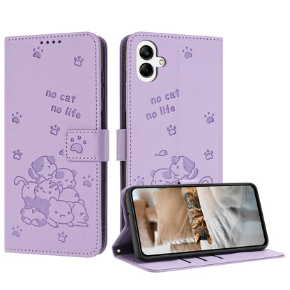 Samsung Galaxy A04e Embossed Kitten PU Leather Wallet Case with Card Slots, Cash Pocket, Kickstand Function, Wrist Lanyard Strap, Full Protective TPU Flip Cover