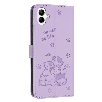 Samsung Galaxy M04 Embossed Kitten PU Leather Wallet Case with Card Slots, Cash Pocket, Kickstand Function, Wrist Lanyard Strap, Full Protective TPU Flip Cover