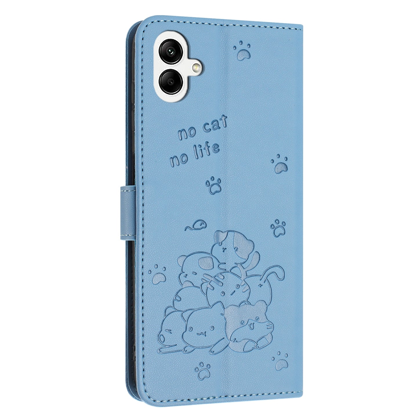 Samsung Galaxy F04 Embossed Kitten PU Leather Wallet Case with Card Slots, Cash Pocket, Kickstand Function, Wrist Lanyard Strap, Full Protective TPU Flip Cover
