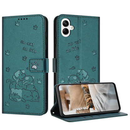 Samsung Galaxy A04e Embossed Kitten PU Leather Wallet Case with Card Slots, Cash Pocket, Kickstand Function, Wrist Lanyard Strap, Full Protective TPU Flip Cover