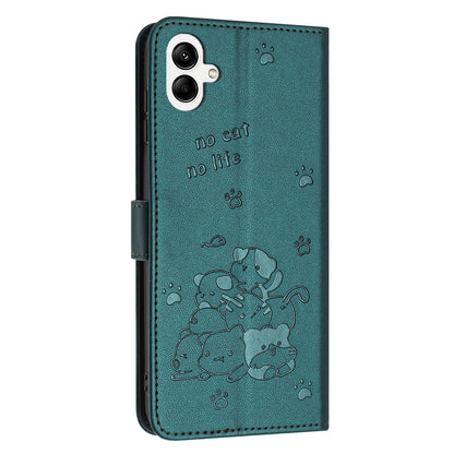 Samsung Galaxy A04e Embossed Kitten PU Leather Wallet Case with Card Slots, Cash Pocket, Kickstand Function, Wrist Lanyard Strap, Full Protective TPU Flip Cover